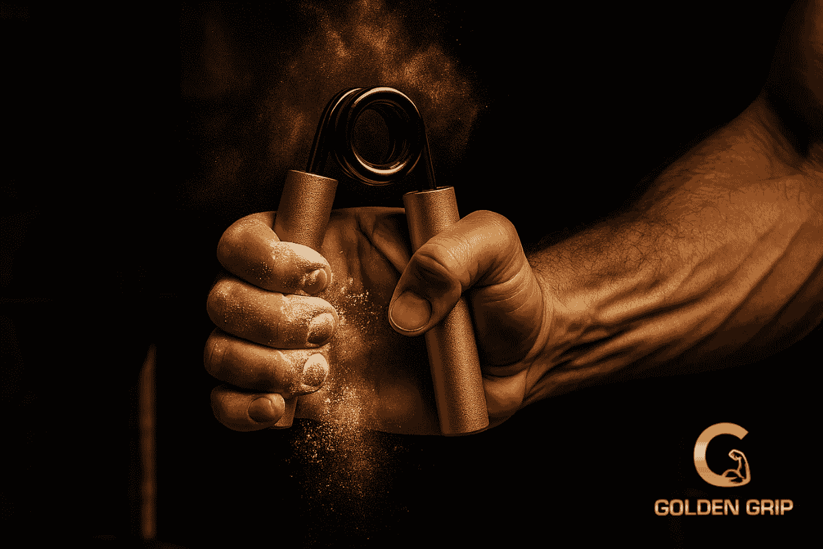 A pair of heavy-duty steel hand grippers resting on a chalky gym floor under dramatic lighting, with bold Golden Grip branding in gold text overlay. The scene feels raw, authentic, and focused on grip strength training