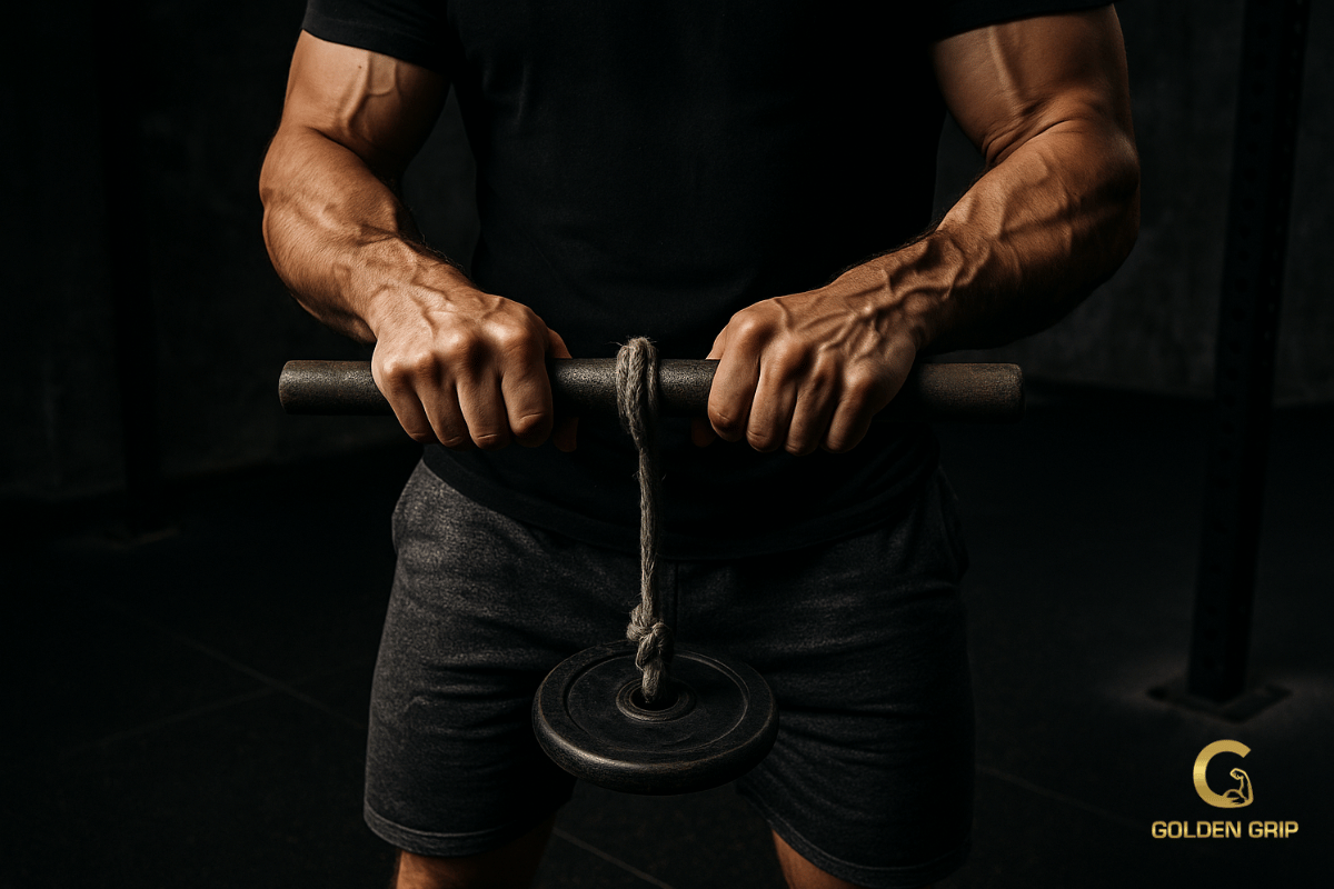 Close-up of muscular forearms during wrist roller exercise in a gritty gym setting
