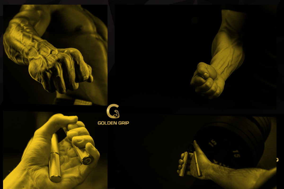 Four types of grip strength training demonstrated with hands - crushing, pinching, supporting, and extension grip exercises